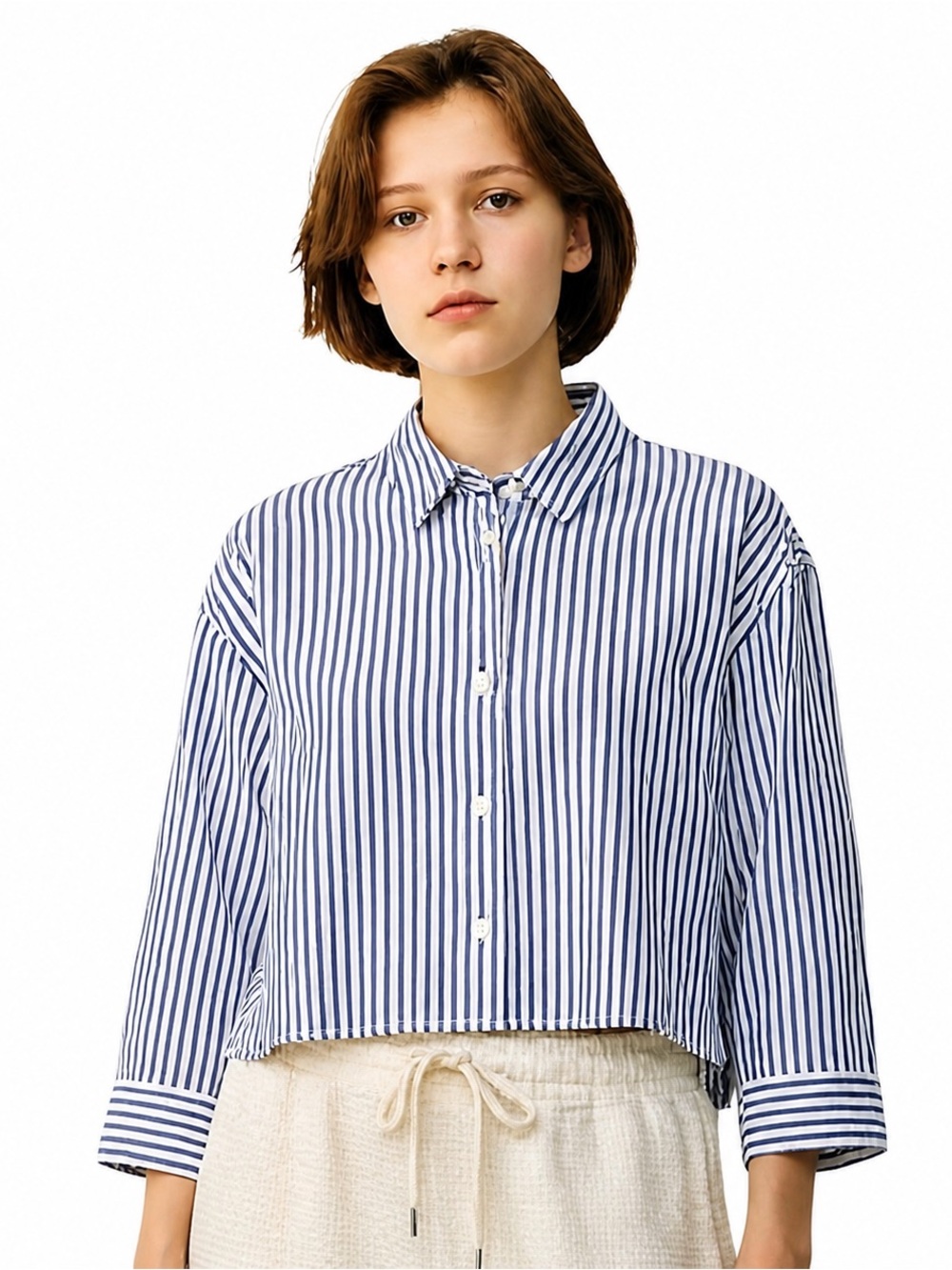 Everlane Blue & White Striped Cropped Button Front Shirt Size S EUC